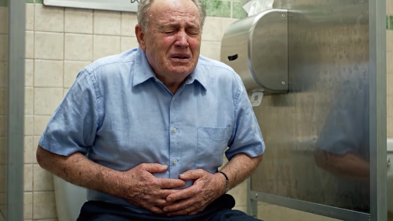 Il disagio di un uomo anziano in un bagno: Momenti catturati di sofferenza e dolore addominale, rivelando le difficoltà dell'invecchiamento e i problemi di salute