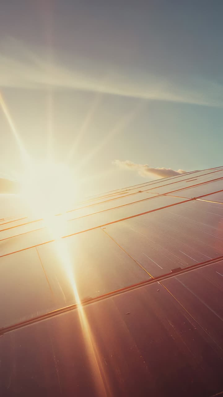 Vertical video: Recording camera capturing sun causing glint on airplane wing from window at sunset