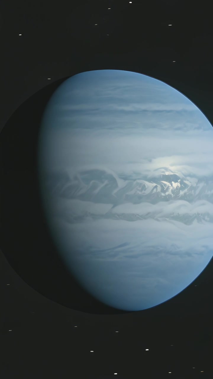 Vertical video: Rotating blue gas giant showing moving clouds in space, sun revealing terminator