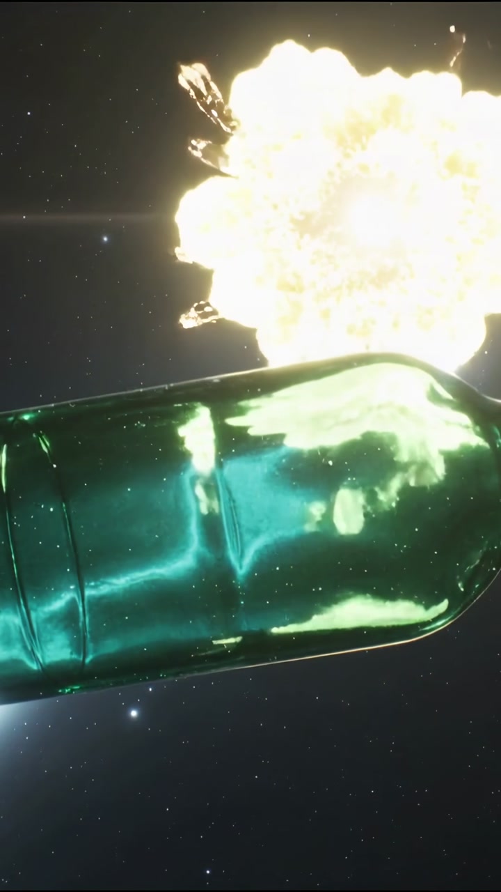 Vertical video: Teal bottle floating in space spark igniting fireball lighting bottle for VFX