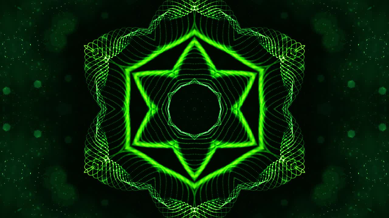 el fondo 3d de ciencia ficción en bucle de 4k con partículas verdes brillantes forman líneas, superficies, patrones, estructuras de caleidoscopio. estructuras de puntos simétricos de abstracción en movimiento.