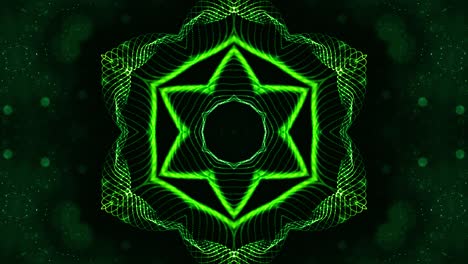 4k looped sci-fi 3d background with glow green particles form lines, surfaces, pattern, kaleidoscope structures. abstraction symmetrical point structures in motion.