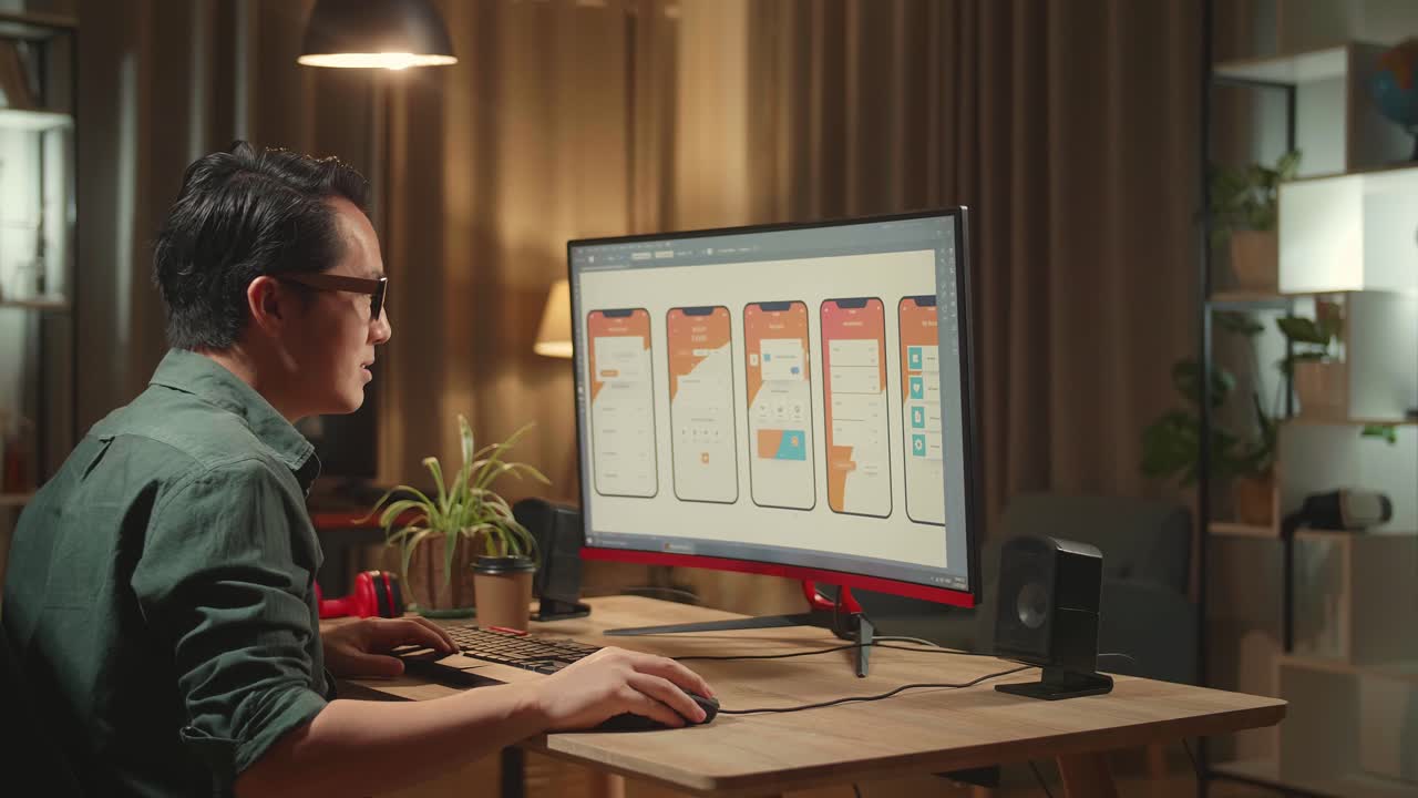 Asian Male Mobile Application Developer Stretching While Works With Graphics On His Personal Computer. He Works At Night