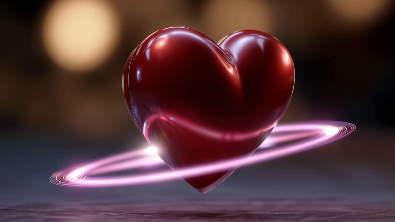 Un cuore rosso lucido fluttua su una superficie scura. Un bagliore morbido lo circonda come un'aureola. La forma elegante e levigata emana calore. Un movimento sottile suggerisce un'energia delicata. Ideale per temi romantici o emotivi.