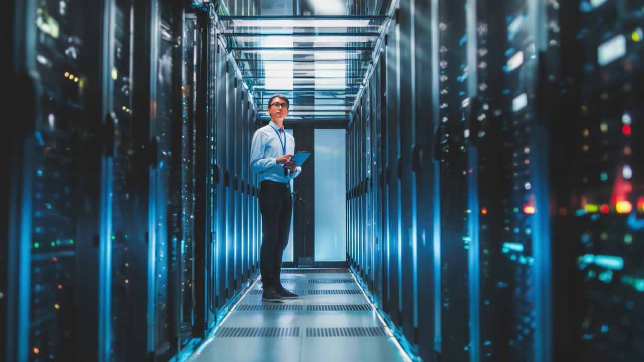 A Professional Data Technician Analyzing Server Operations in a High-Tech Data Center, Surrounded by Rows of Illuminated Servers and Network Equipment