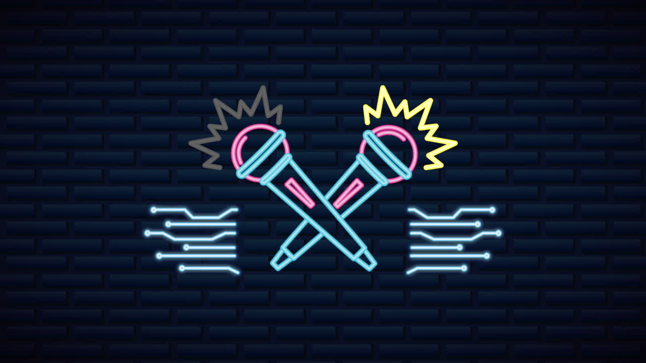 네온 조명 카라오케 라벨과 함께 벽