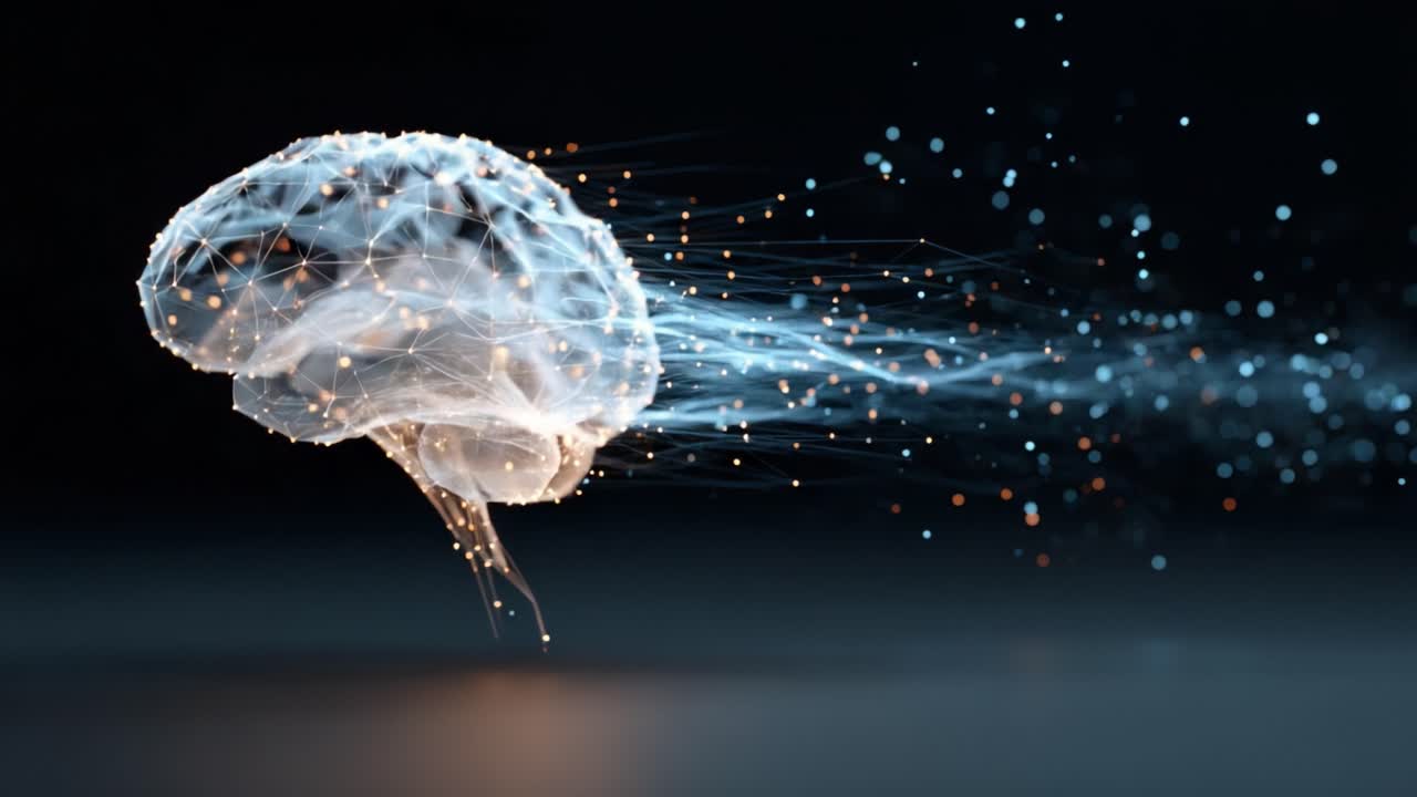 Un’immagine accattivante di un cervello, che mostra movimenti dinamici e una rete di particelle interconnesse, incarnando il concetto di pensiero e innovazione