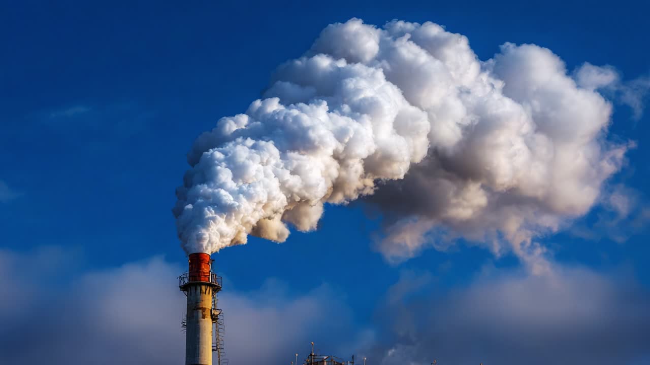 Industrial Chimney Emitting Smoke Against a Blue Sky