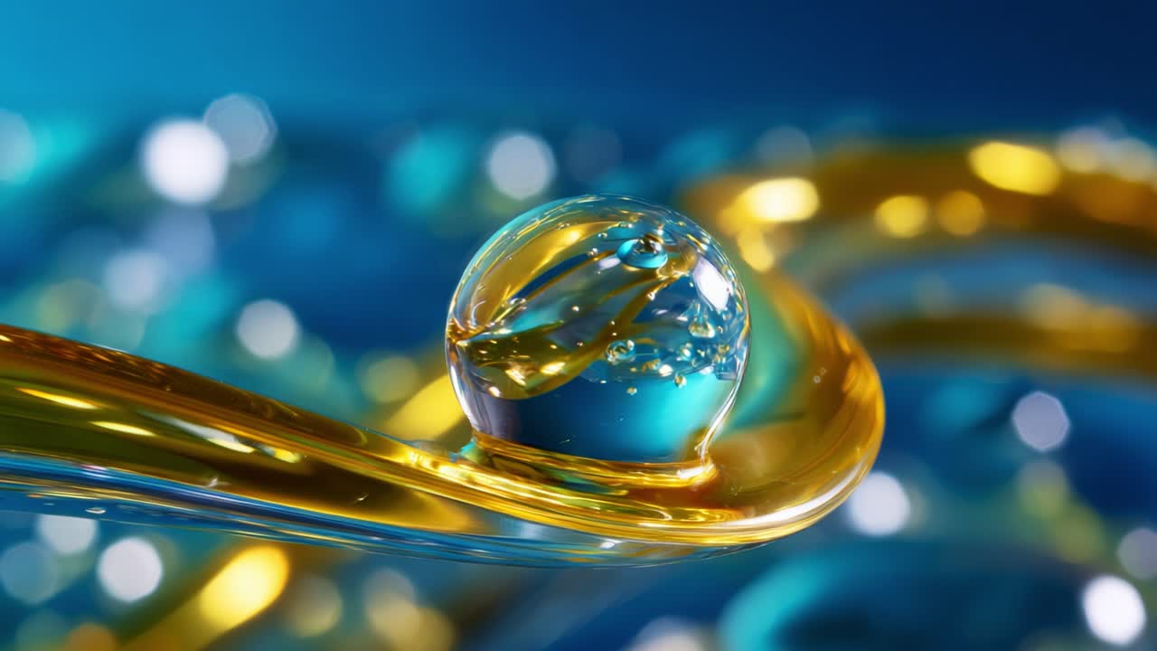 A mesmerizing close-up view of a transparent glass sphere perched on a shimmering golden swirl, surrounded by a dreamy background of blue and golden hues, capturing the essence of elegance and fluid motion