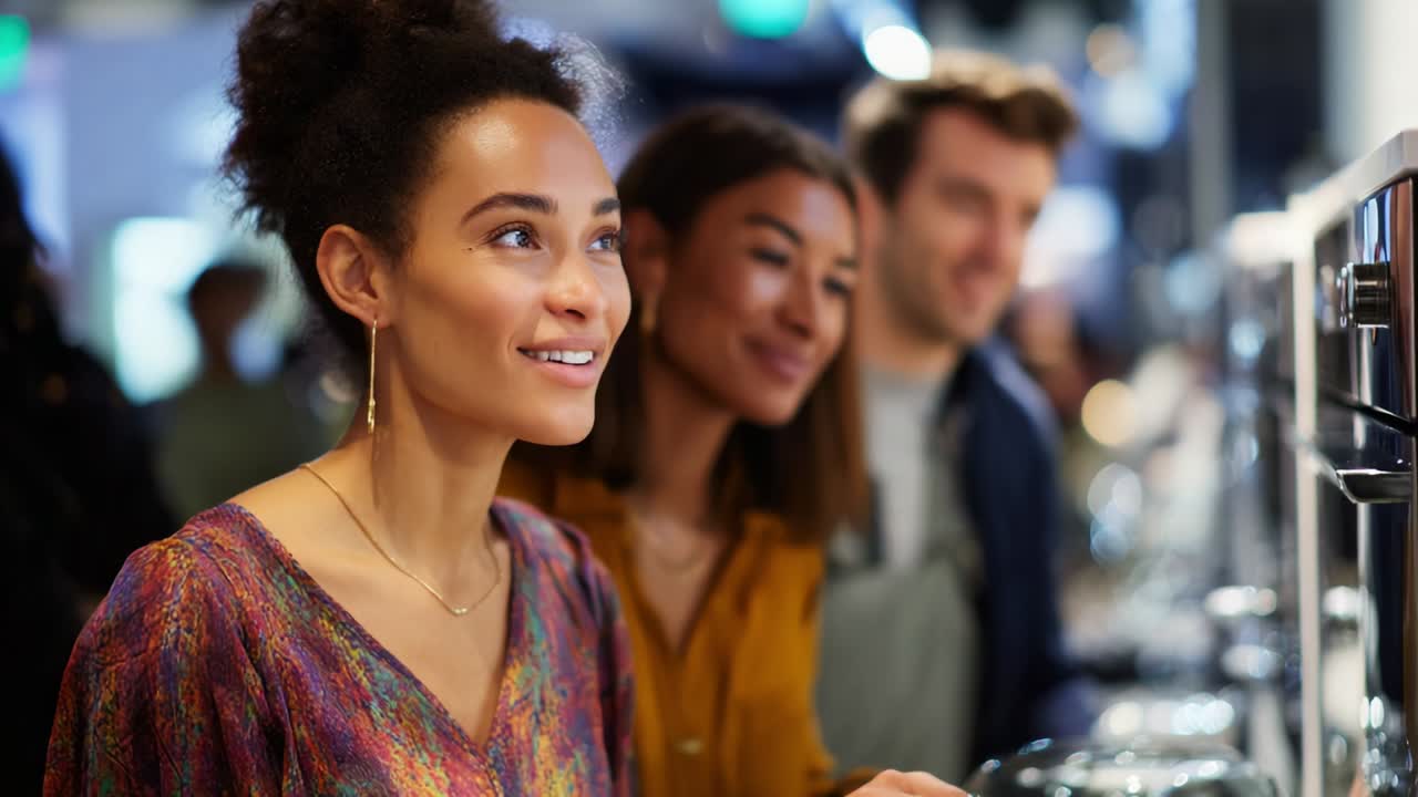 A Group of Young Adults Engaged in a Joyful Experience, Smiling and Enjoying Each Other's Company While Interacting with Modern Technology in a Bright, Inviting Environment