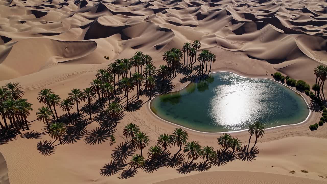 Vista aerea di un’oasi serena nel deserto circondata da palme, che proiettano lunghe ombre