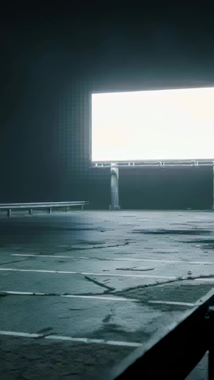 Vertikal video: Bevægende lavvinkelkamera afslører en revnet parkeringsplads om natten med et oplyst reklameskilt.