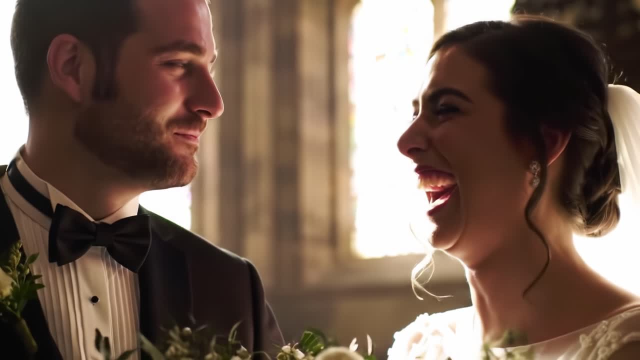 Joyful Couple Shares Laughter During Elegant Wedding Ceremony in Historic Venue