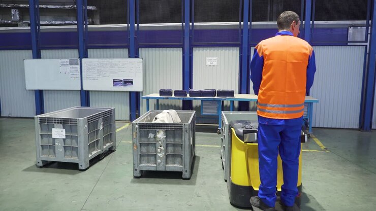 Operaio di fabbrica che manovra un carrello elevatore in un magazzino