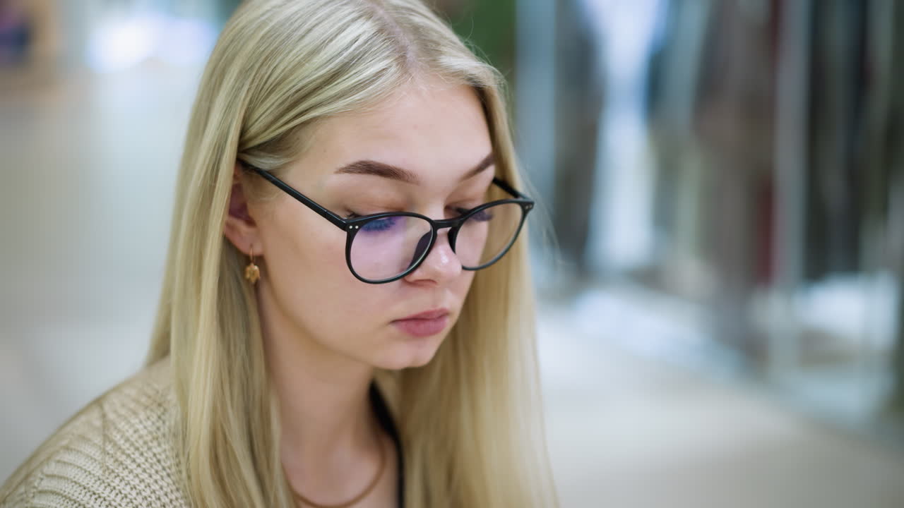 Young woman in beautiful woven sweater wearing glasses focuses on book in hand, with blur background of figures moving in well-lit mall