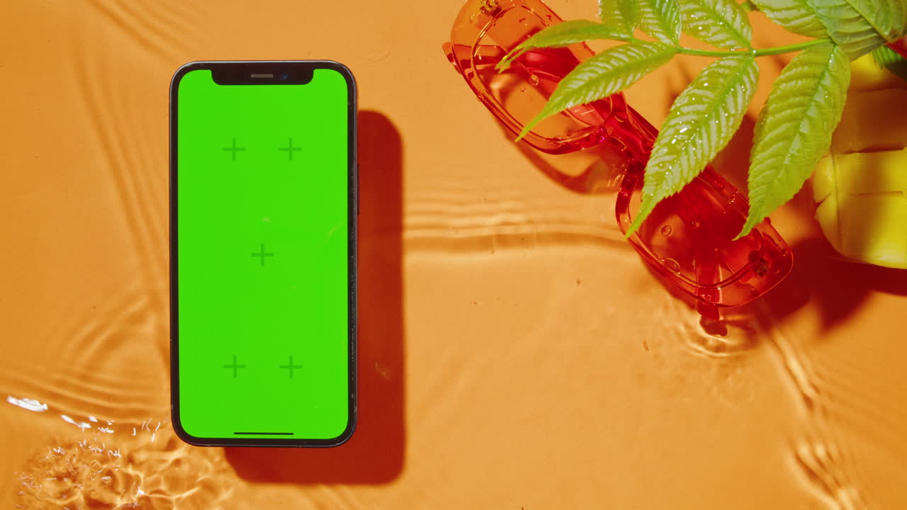 Mockup di Smartphone sull'Acqua con Occhiali da Sole e Foglie Tropicali