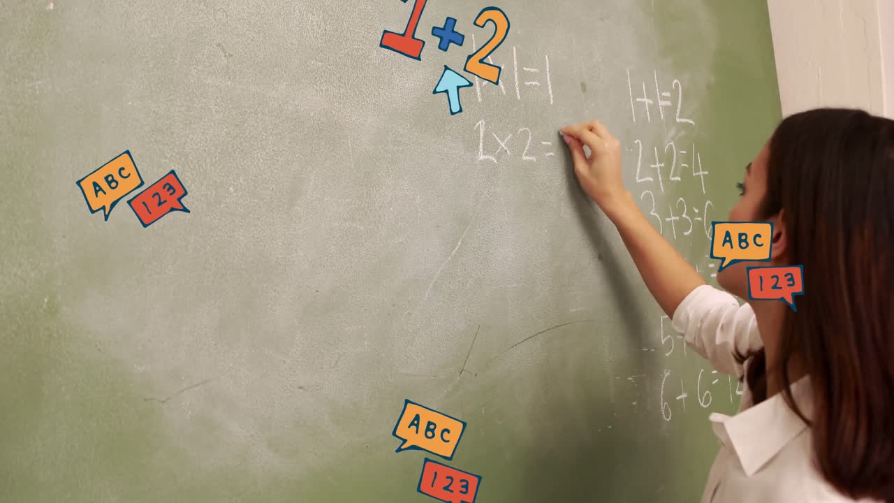 학교 아이콘의 애니메이션과 두 인종의 여성 교사의 글쓰기