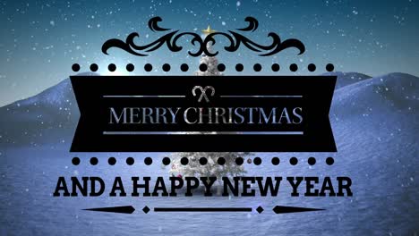 Merry-christmas-and-happy-new-year-text-banner-against-christmas-tree-on-winter-landscape