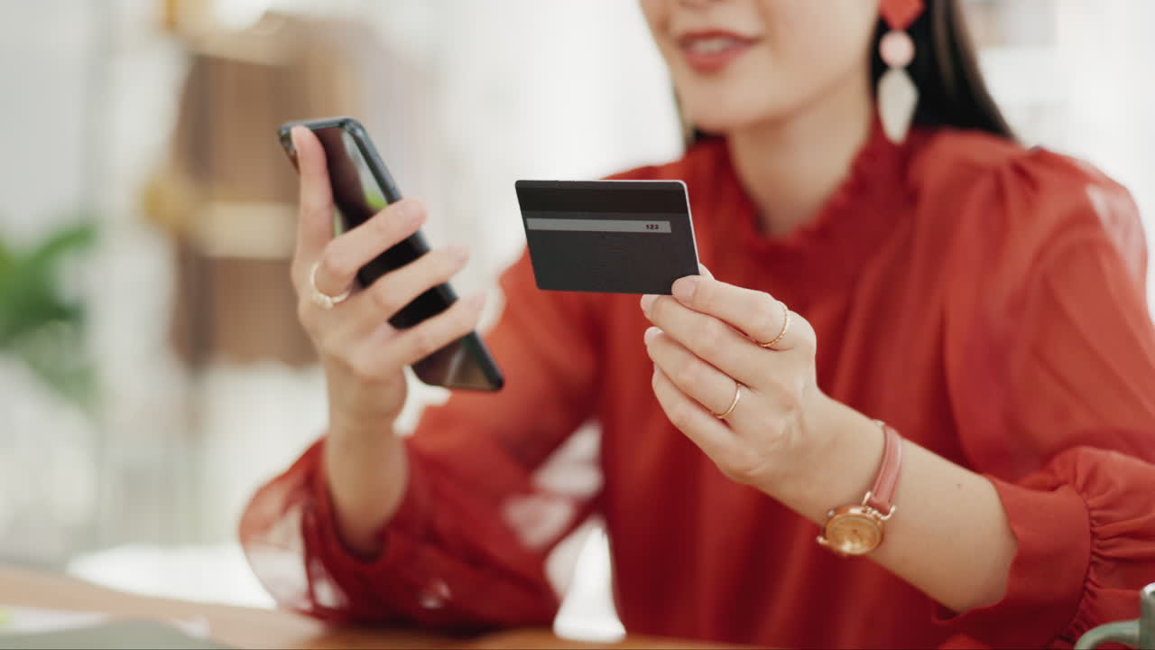 Woman hands, credit card and phone for business