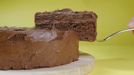 side view: male hand picks up piece of chocolate cake