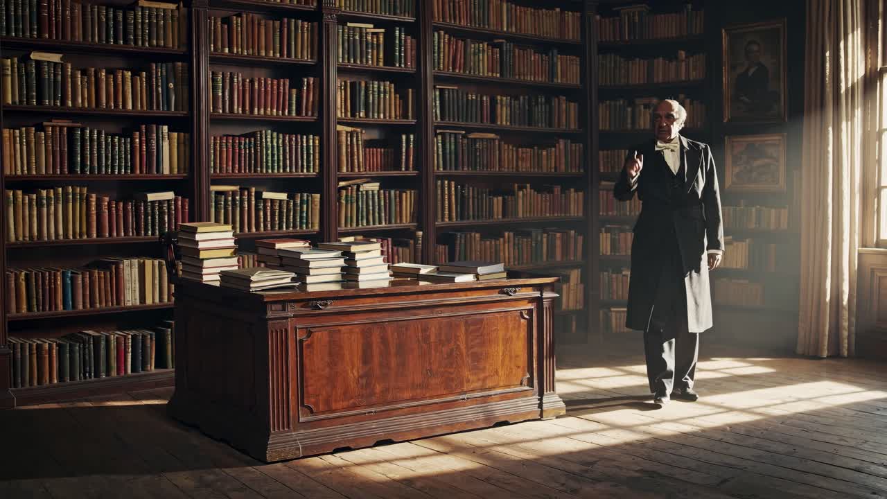 Vintage library scene with an elderly man in formal attire, captured from a wide-angle