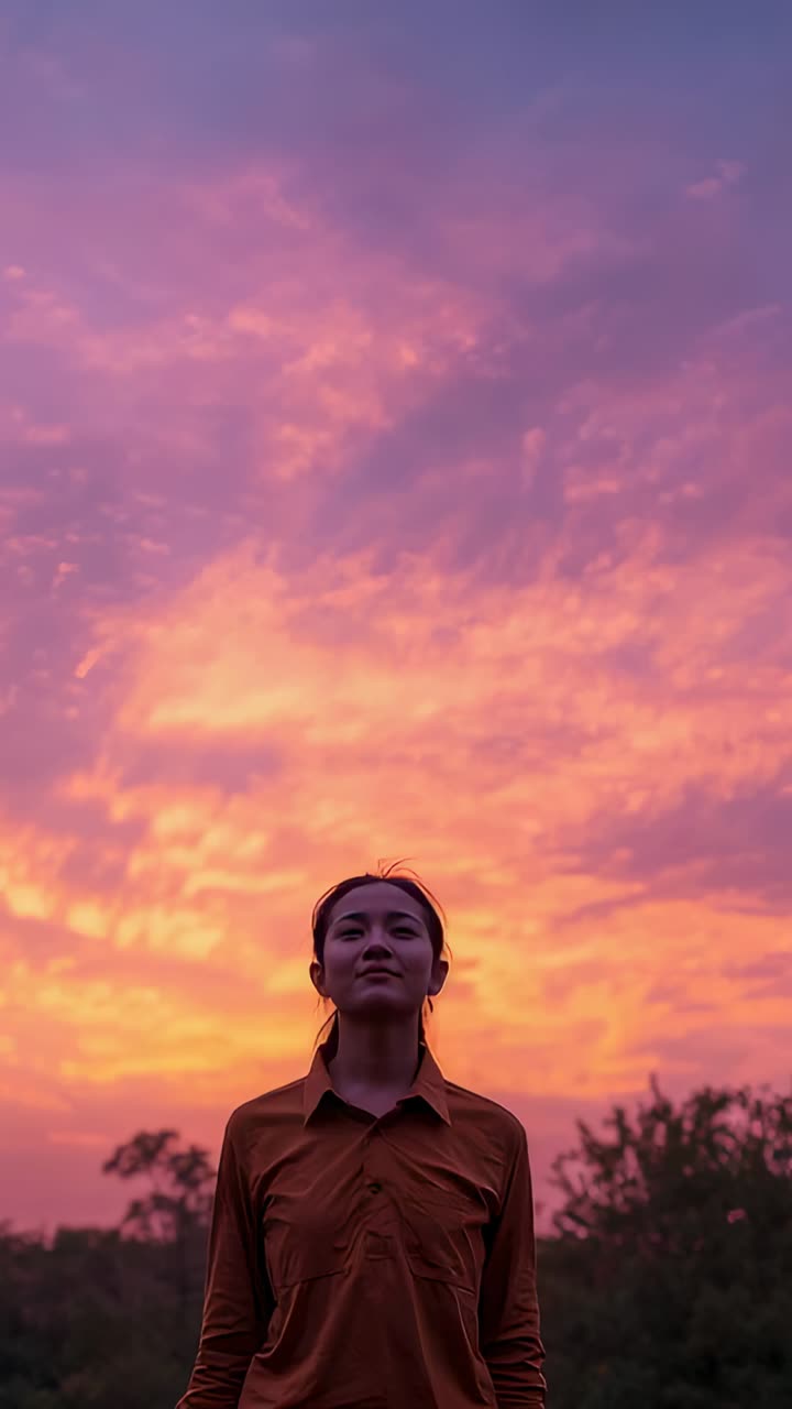 Vertical video: Sunset drawing woman in brown shirt lifting chin, smiling at clouds by treeline