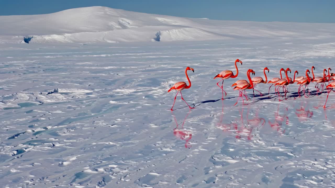 남극 풍경 에 있는 분홍색 플라밍고