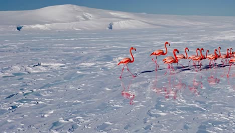 flamencos rosados en un paisaje antártico