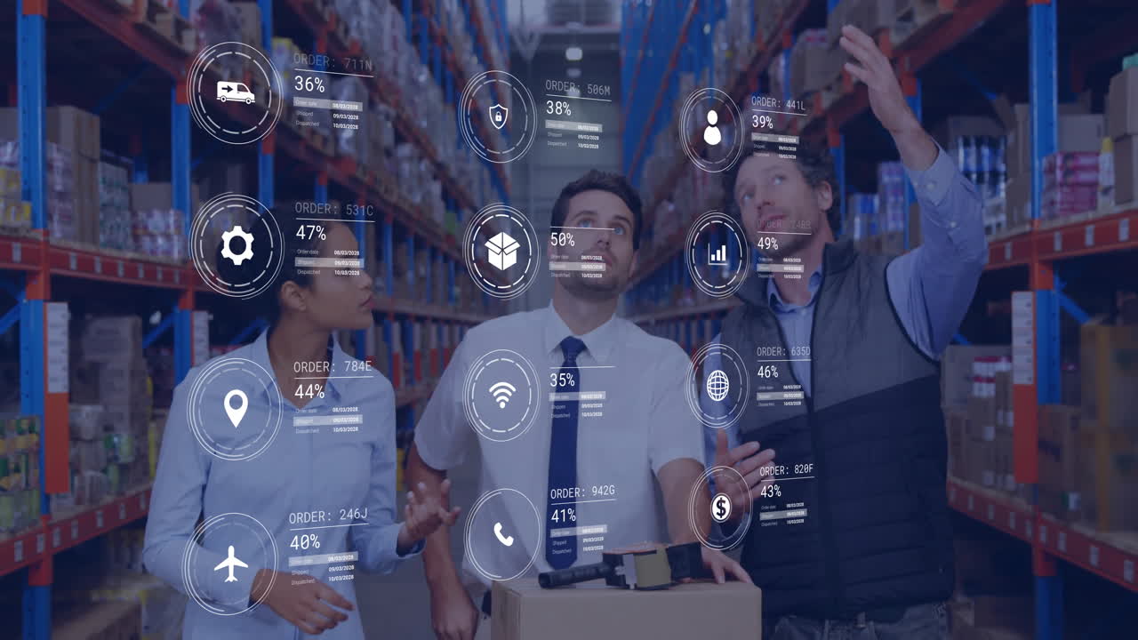 Animazione di icone ed elaborazione dati su diverse persone che lavorano in ufficio