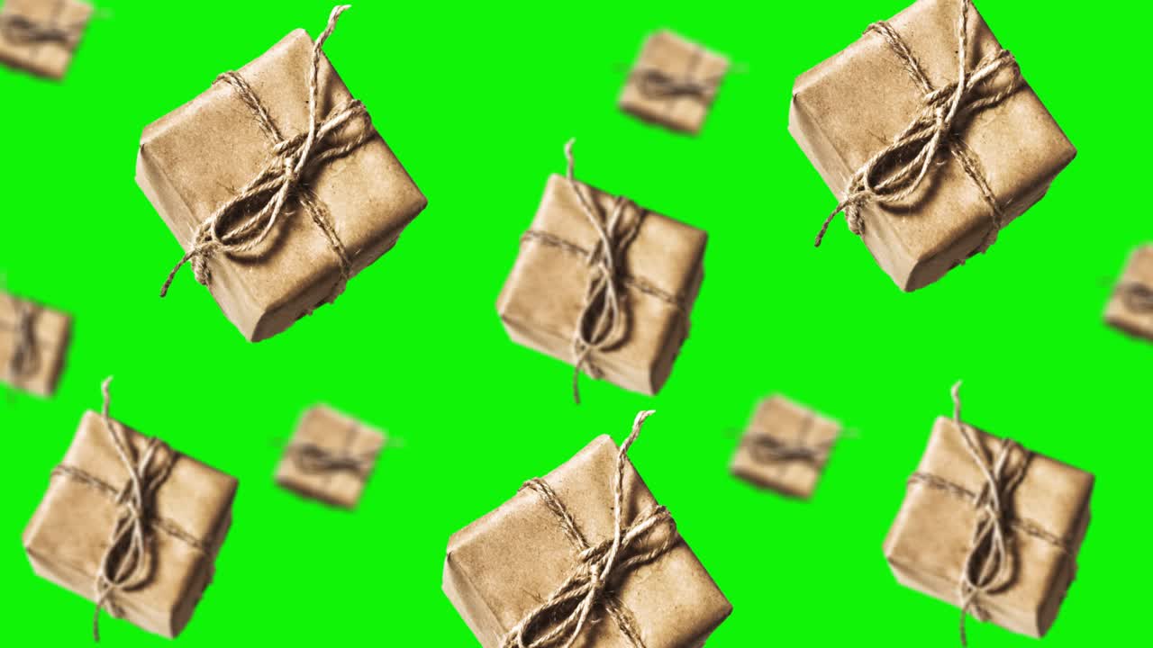 플라잉 크리스마스 및 제로 폐기물, 고립 된 배경에서 녹색 화면에 다른 지름의 친환경 포장. 움직이는 배경 패턴. 애니메이션 배경. 고품질 4k 크리스마스 영상