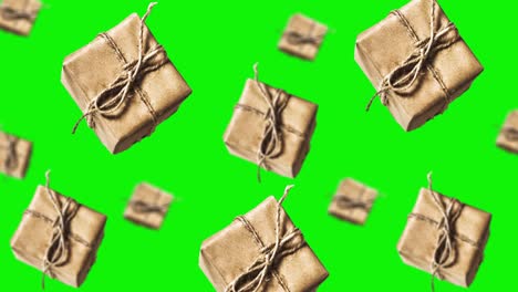 natale volante e zero rifiuti, imballaggio ecologico di diversi diametri sullo schermo verde su sfondo isolato. modello di sfondo in movimento. sfondo animato. filmati di natale 4k di alta qualità