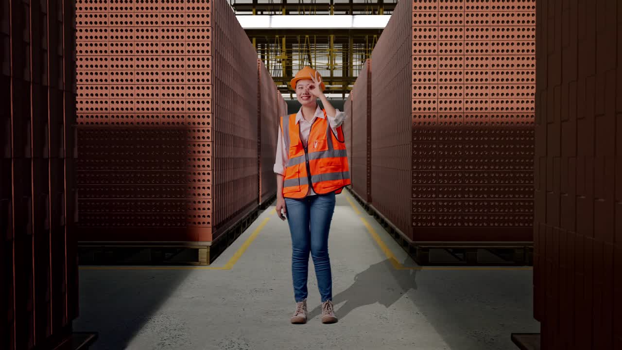 Full Body Of Asian Female Engineer With Safety Helmet Showing Ok Hand Sign Over Eye And Smiling To Camera While Standing With Red Brick Packed in Stacks Are Stored