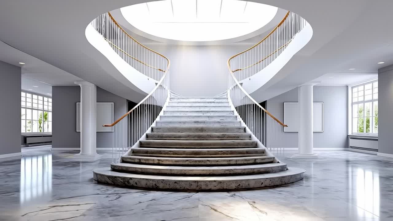 A spiral staircase in a large room with a skylight above it