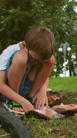 un niño pequeño se agacha bajo un árbol grande con una bicicleta cerca, está profundamente pensativo, con la mano apoyada en la pierna