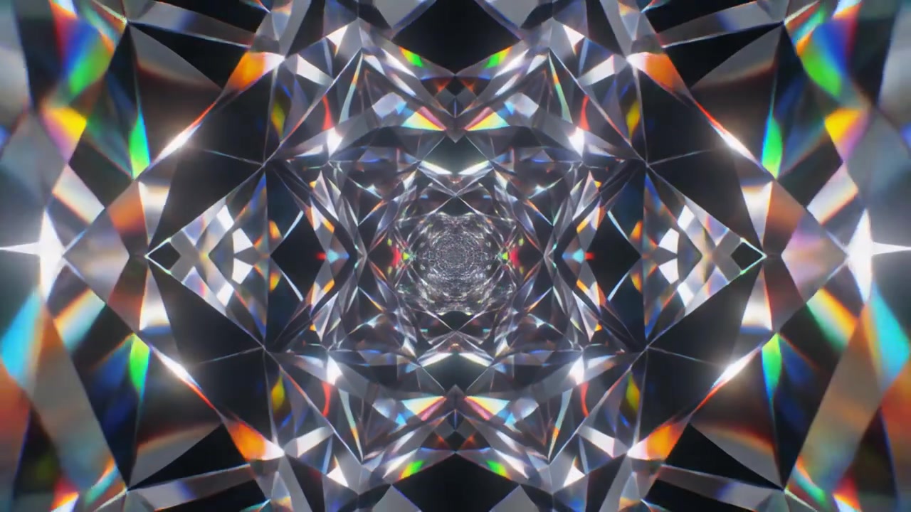 Tunnel astratto di sfaccettature di diamante rotanti con rifrazioni di luce