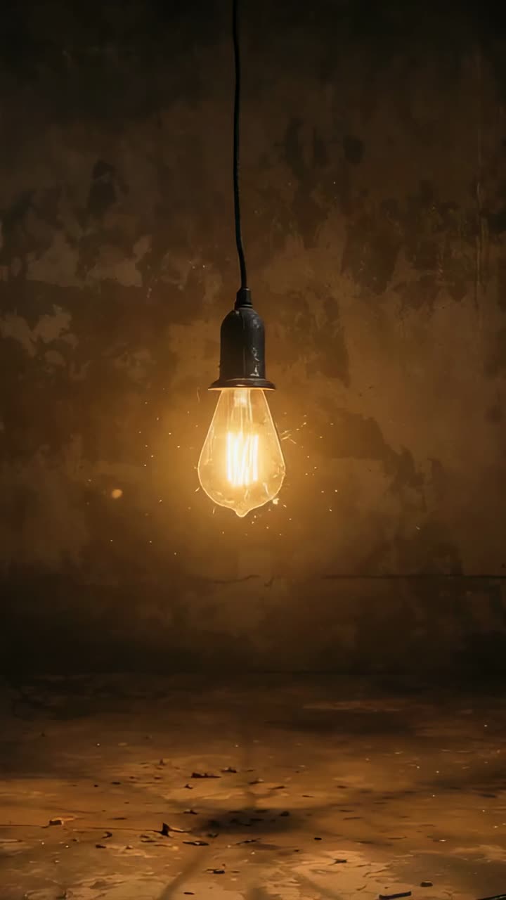 Vertical video: Brightening filament bulb then fading as sparks drifting against plaster wall