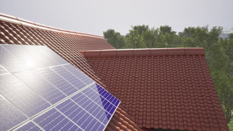 Dolly-in-shot-of-Solar-panels-modules-on-roof-on-a-clear-sunny-day