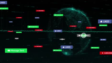 Animation-Mehrerer-Benachrichtigungsleisten,-Diagramm-Und-Globus-Mit-Zahlen-Auf-Schwarzem-Hintergrund