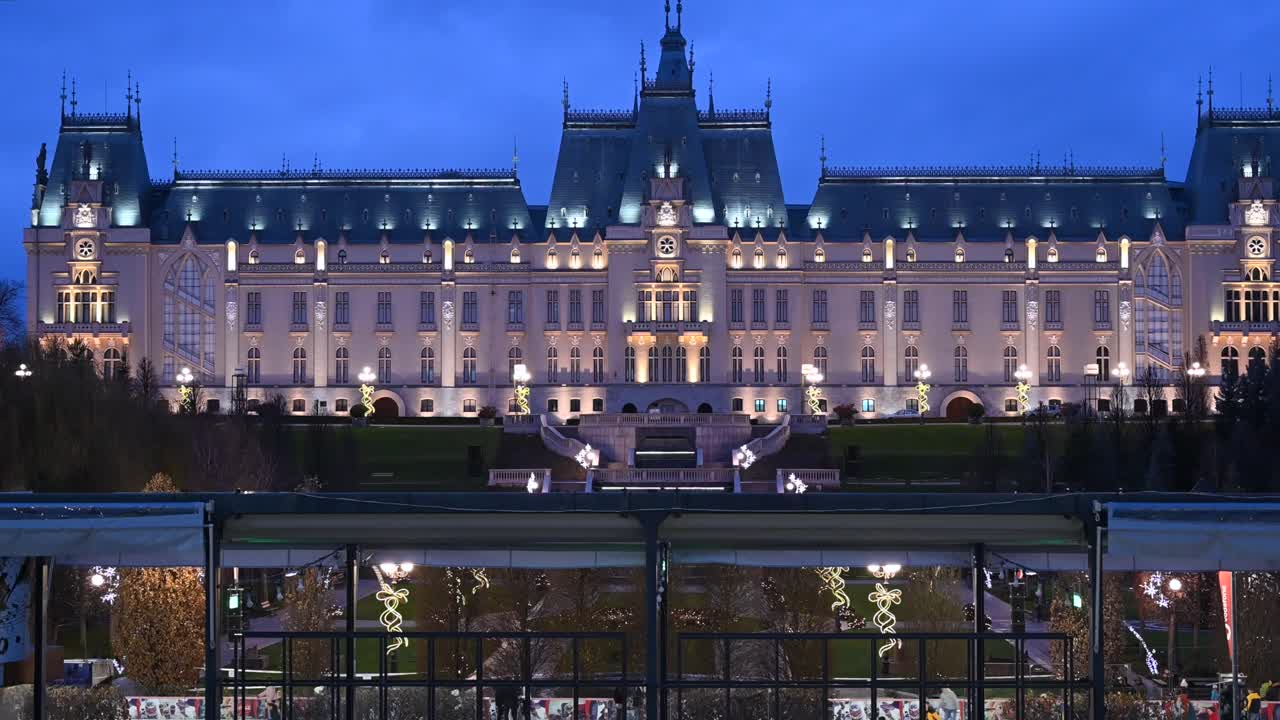 Iasi, Romania - December 18, 2020: View of the Palace of Culture in the evening