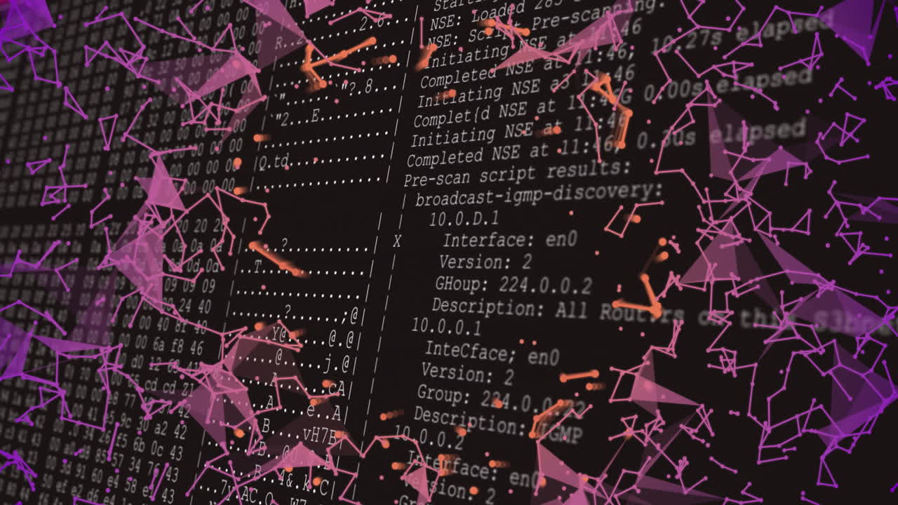 Computer code with pink geometric shapes and network connections animation overlay