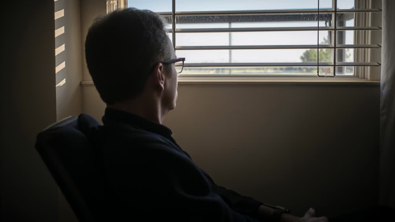 Sitting man in recliner wearing dark sweater and glasses gazing out window at home with blinds