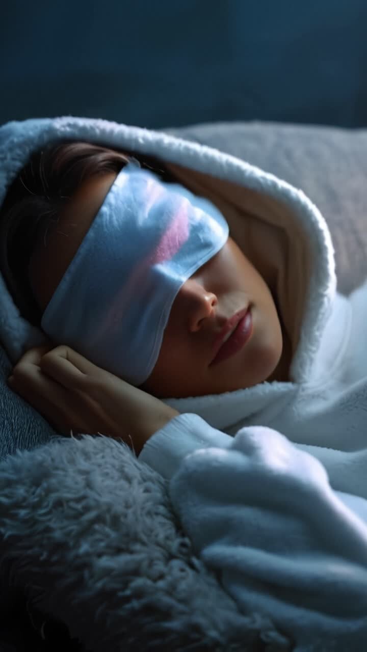 Una luce soffusa brilla dolcemente su una donna che dorme. Indossa una comoda vestaglia bianca, avvolta nel comfort. I suoi occhi chiusi, il viso rilassato, in profondo riposo. I sogni fluttuano mentre dorme, la pace si posa.