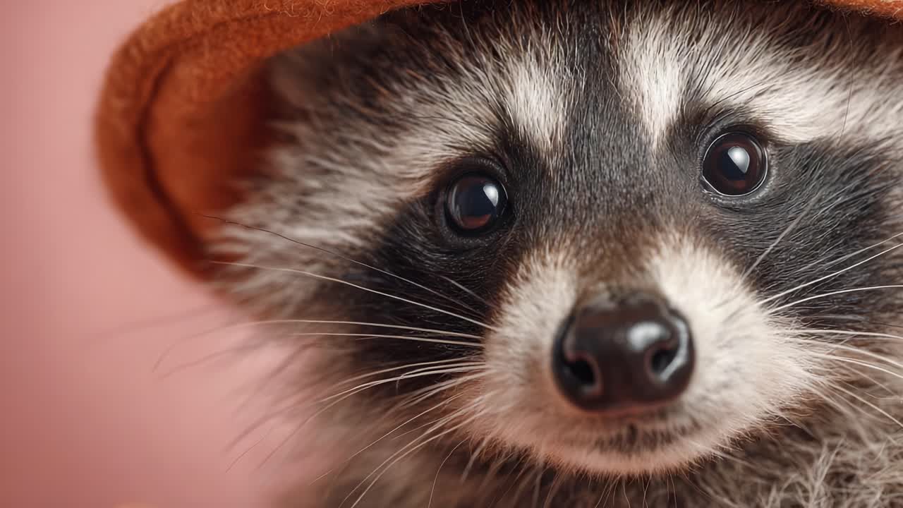 Adorable Raccoon Portraits: Close-Up Shots of a Playful Raccoon Wearing a Stylish Hat Against a Soft Background, Capturing Its Charming Expression and Unique Characteristics