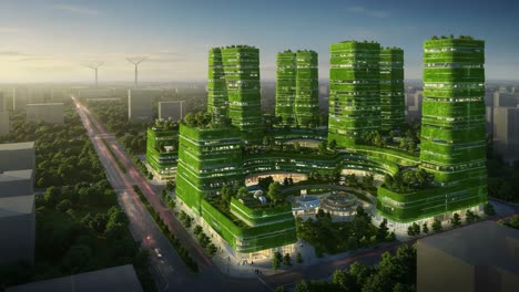a stunning sustainable architecture vision featuring green high-rise buildings surrounded by lush landscape and renewable energy sources in an urban setting