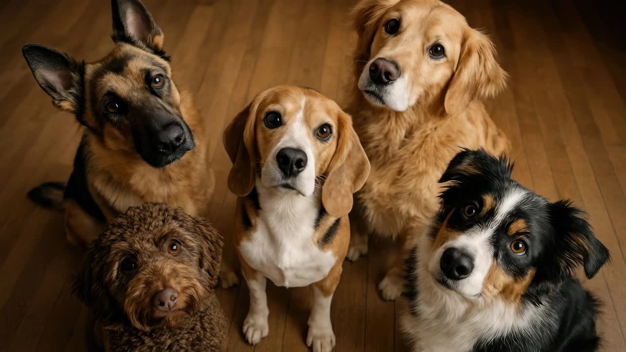 A top-down video shot of five attentive dogs sitting on a wooden floor, showcasing a warm