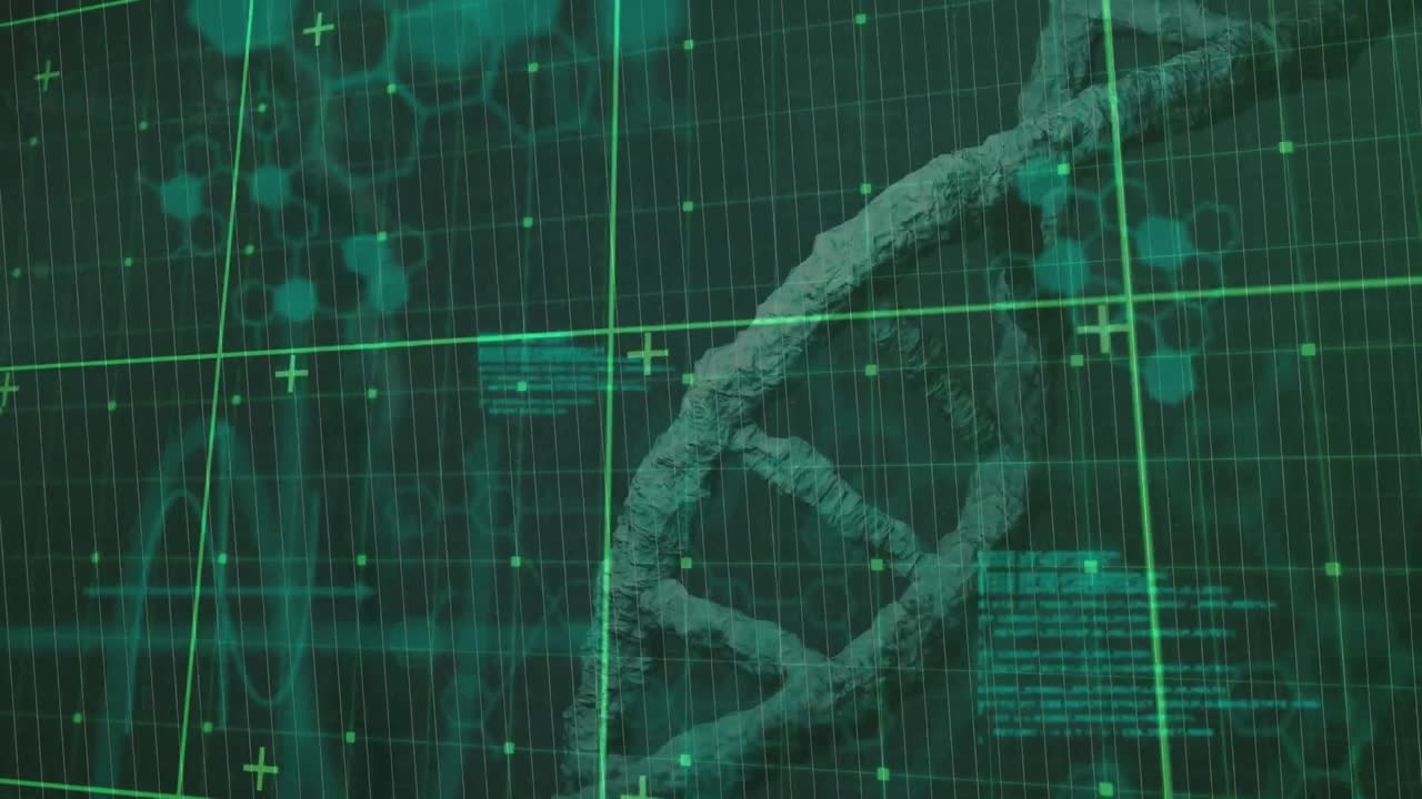 Animation of dna helix, molecule structures and computer language over black background