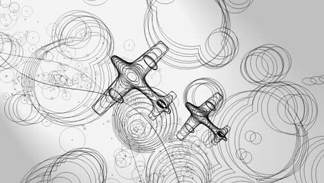 3d animation, two planes flying above many circles with a flow of particules, and on white background (line art)line art)