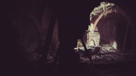 mysterious shadows in a dimly lit ancient archway during exploration