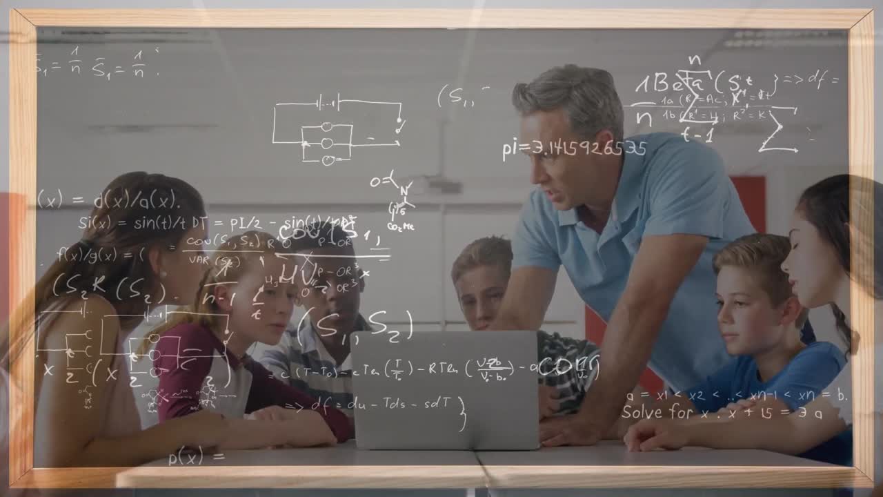 Animation of math graphs over caucasian male teacher and class of diverse students at school