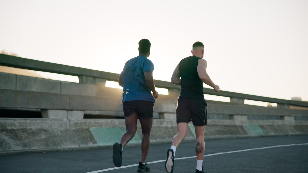 hombre, amigos y corriendo en la ciudad para el fitness